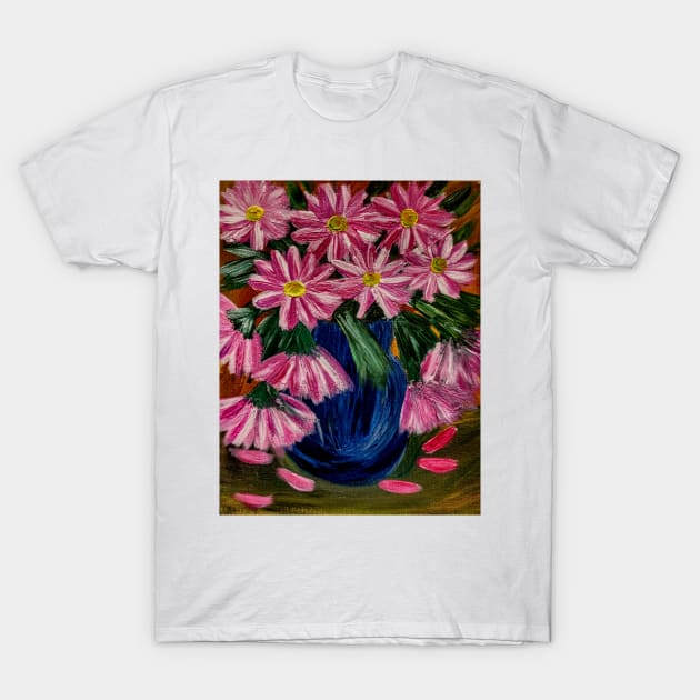 bright and colorful abstract flowers in a deep blue vase. T-Shirt by kkartwork